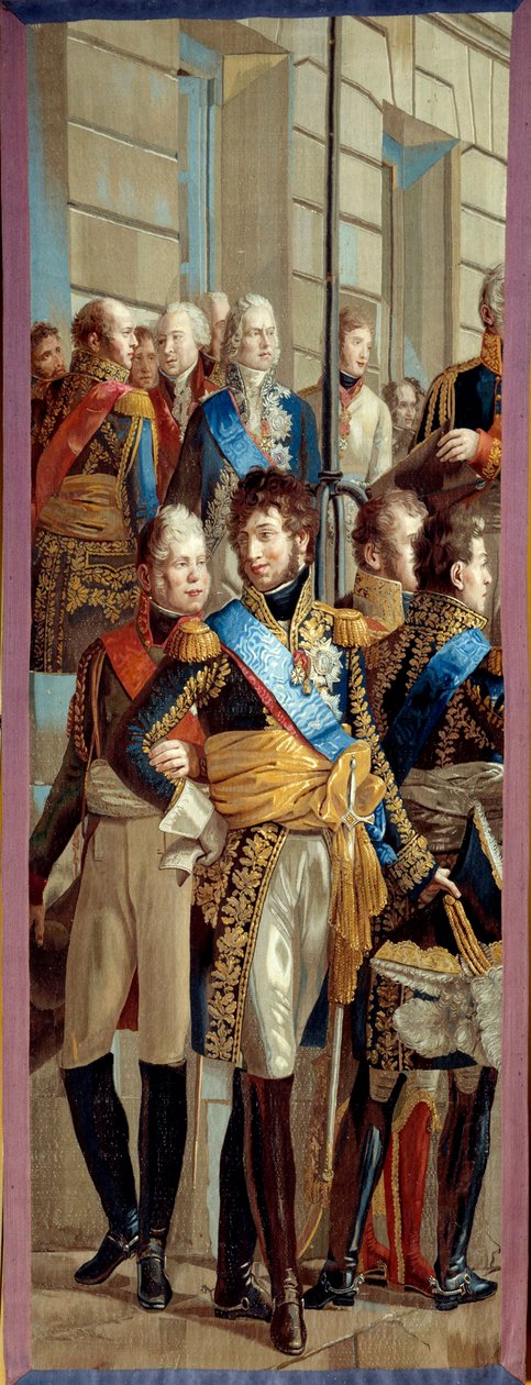 Intervju av Napoleon I og dronning Louise av Preussen i Tilsit (Tilsitt), 6/07/1807 Tapet laget av Gobelins verksted etter en detalj av maleriet av Rene Theodore Berthon (1776-1859) Søn. 3,28x1,28 m Malmaison musee du chateau av Rene Theodore Berthon