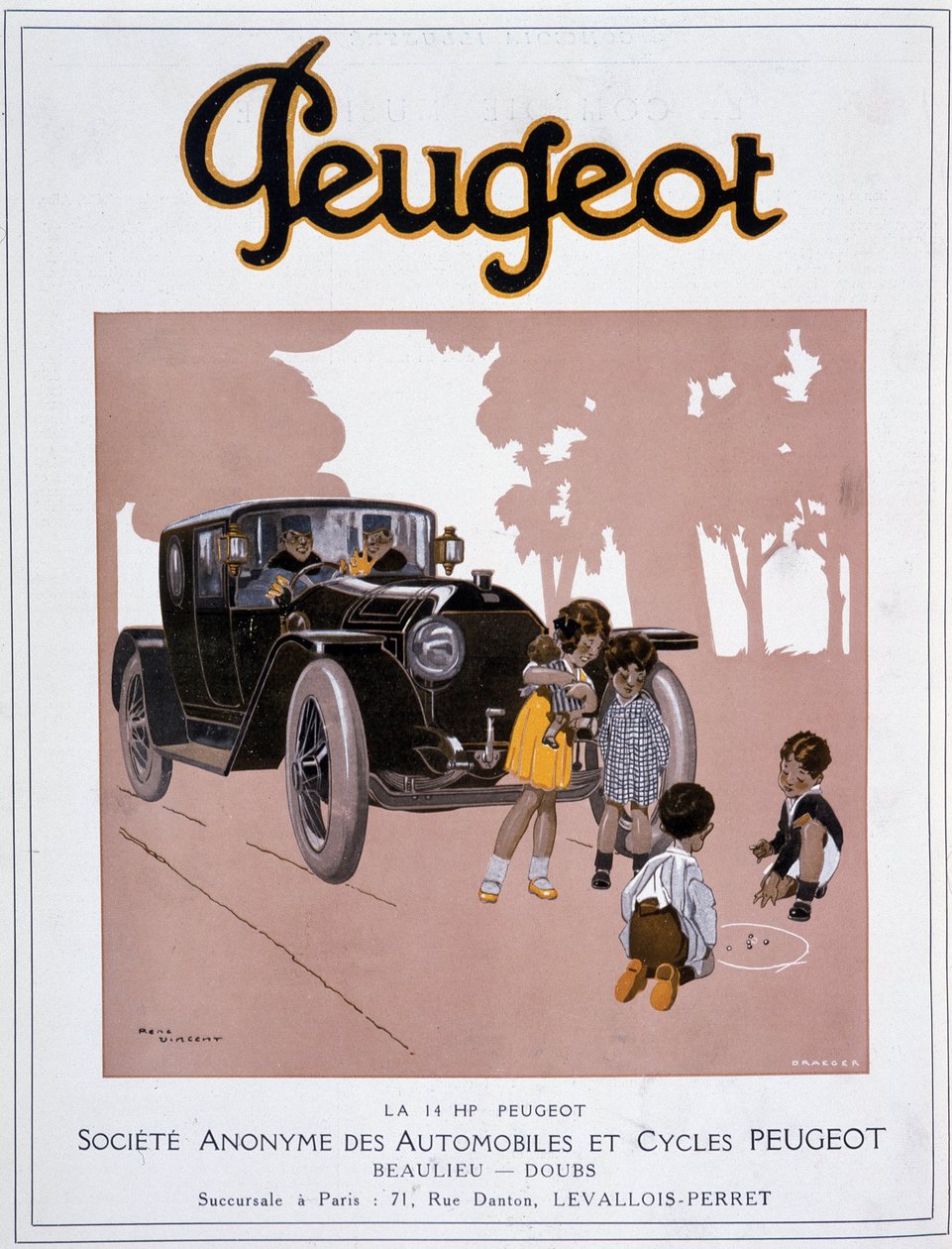 Reklame for Peugeot "" The 14 HP Peugeot"" i "" Comoedia illustrious""" av 20. desember av Rene Vincent