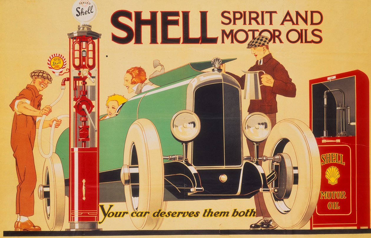 Plakatannonsering Shell-sprit og motoroljer. av Rene Vincent