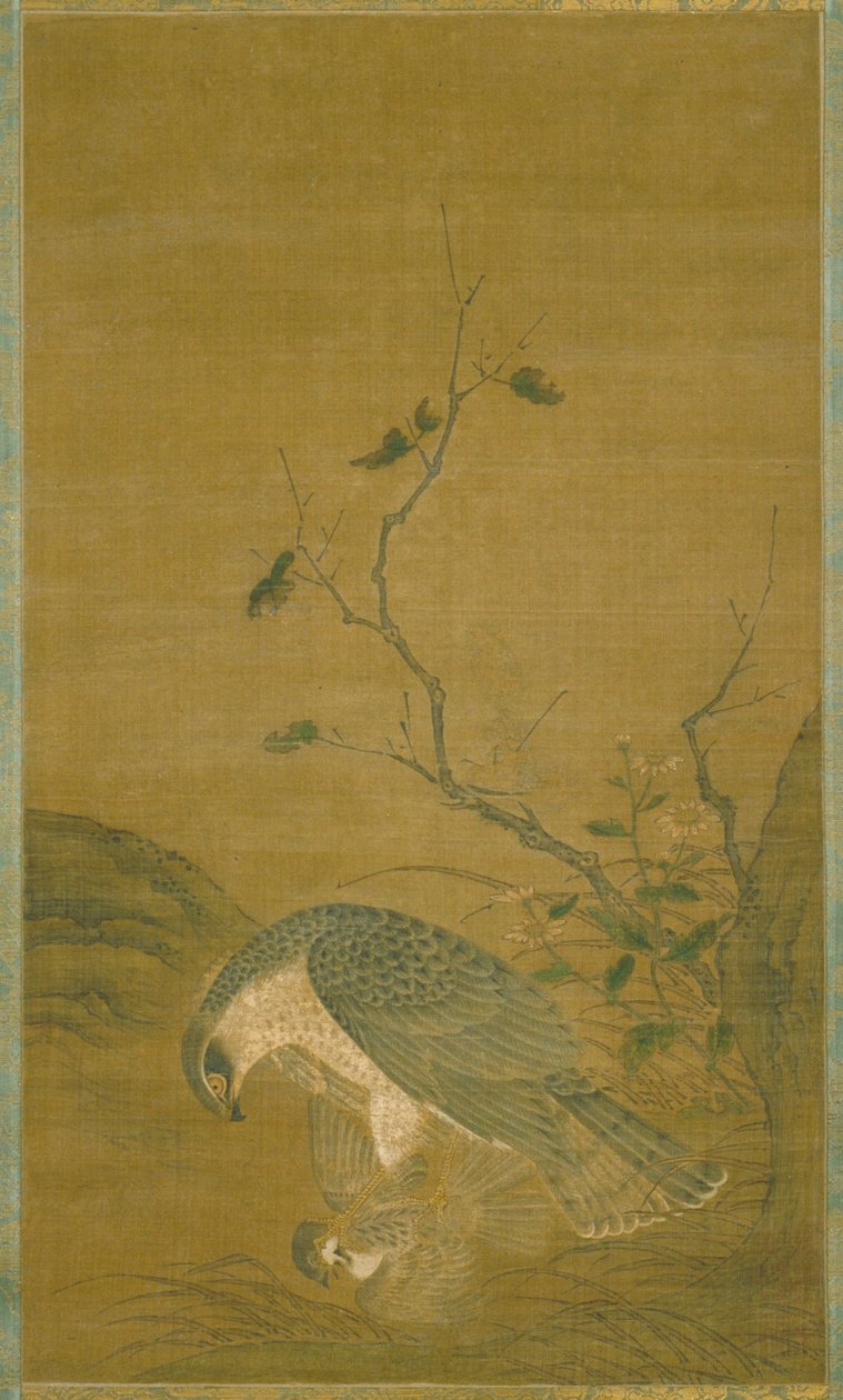 Hawk Capturing A Sparrow (blekk og farge på silke) av Renfa Ren