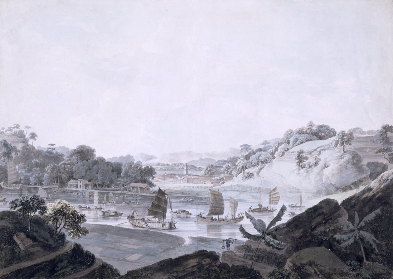 Utsikt over Some-Cheon på French Island, hentet fra Danes Island, Kina, 1793-94 (wc over grafitt på lagt papir) av Rev. Edward Thomas Daniell