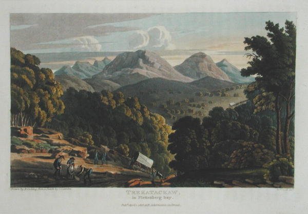 Trekatackaw i Plettenberg Bay, tegnet etter original skisse av R. Cocking, utgitt 1818 (farget gravering) av Rev. Christian Ignatius (after) Latrobe