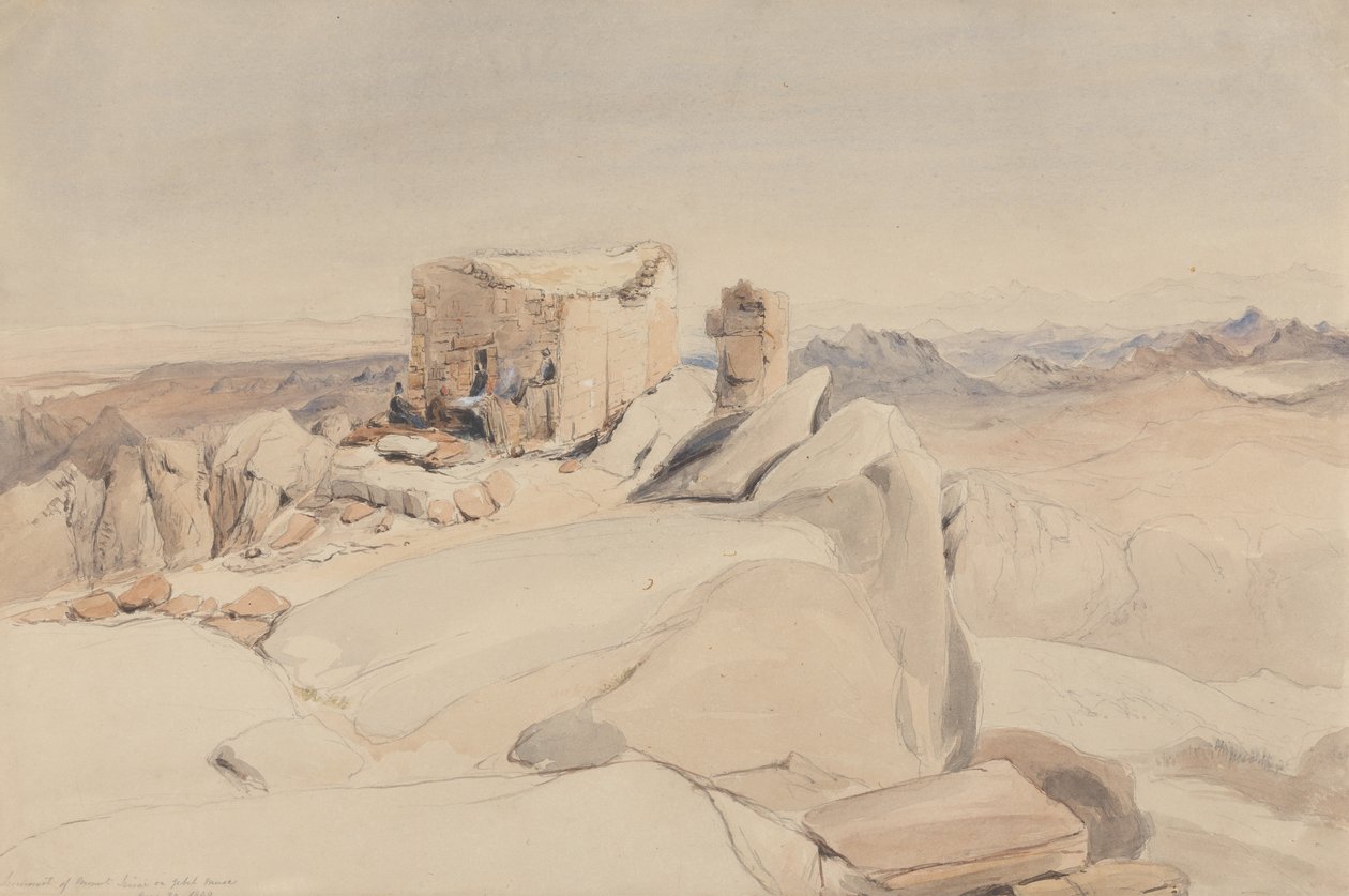 Toppen av Sinai-fjellet eller Jebel Musa, 1840 (wc, grafitt og kroppsfarge på beige vevd papir) av Rev. Edward Thomas Daniell