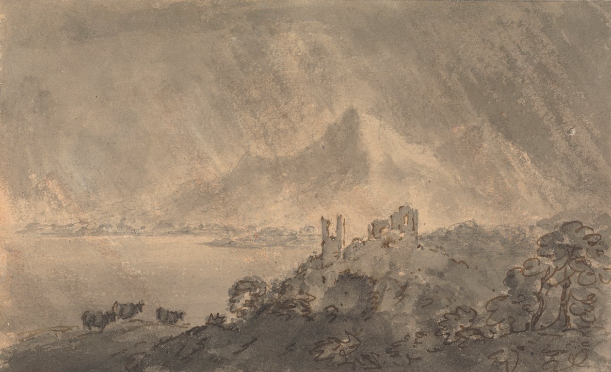Slott over en innsjø med Distant Mountain under Stormy Sky av Rev. William Gilpin