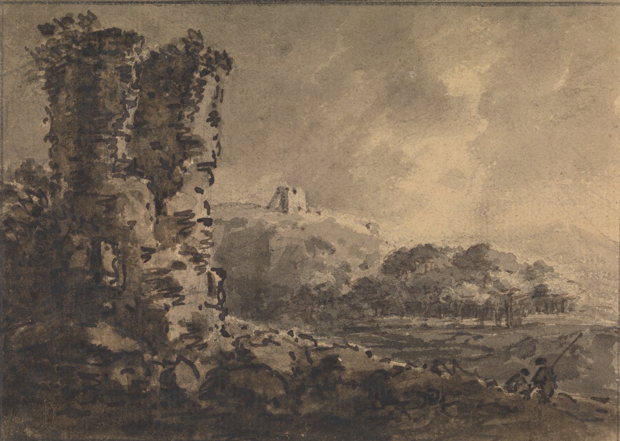 Klassisk landskap med ruin til venstre, to figurer til høyre av Rev. William Gilpin