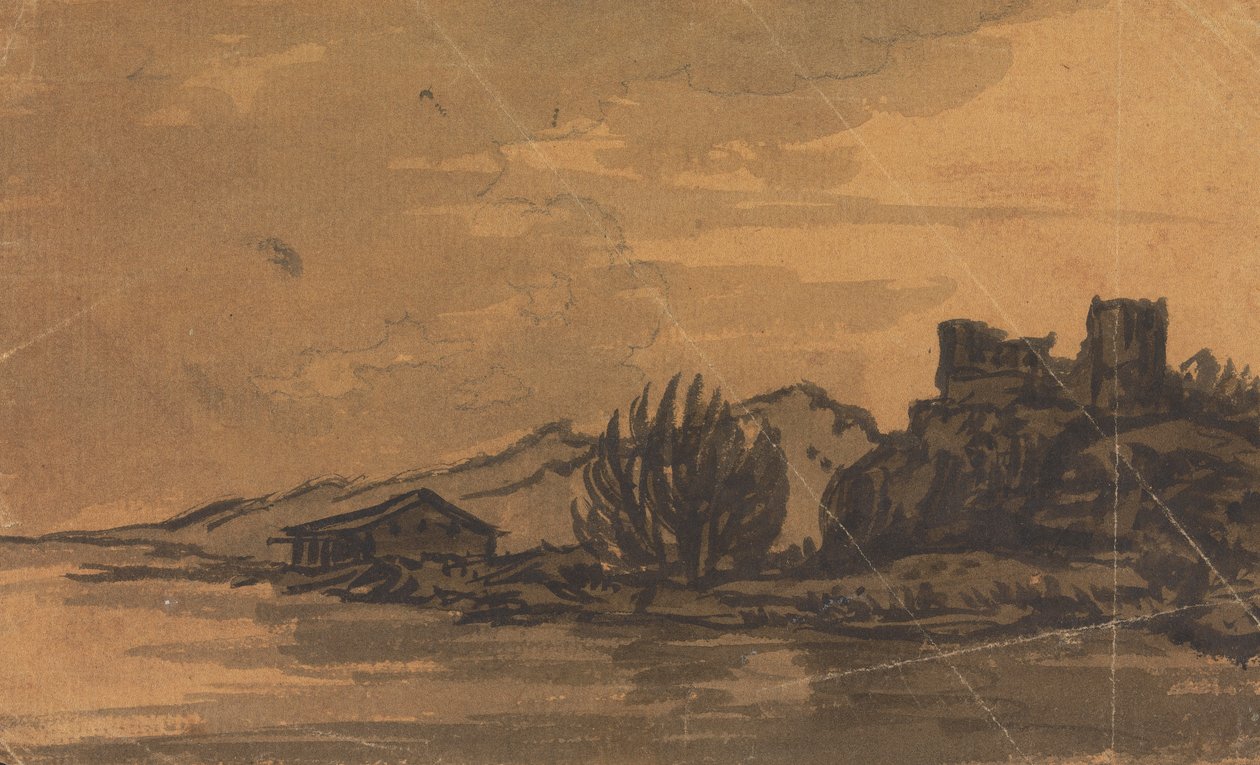 Landskap med hus ved elvebredden av Rev. William Gilpin