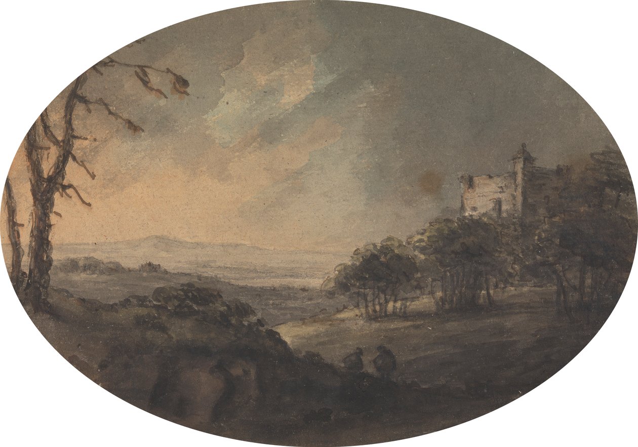 Landskap med to menn på en høyde og et slott i det fjerne av Rev. William Gilpin