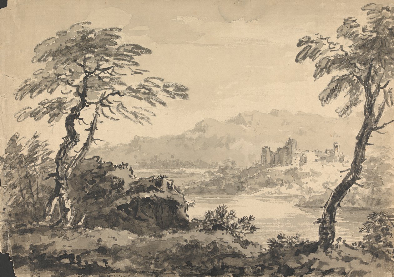 Landskap med to trær og slott av Rev. William Gilpin