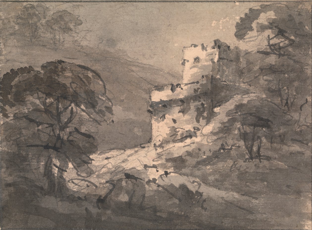 Landskap med et ødelagt slott til høyre av Rev. William Gilpin