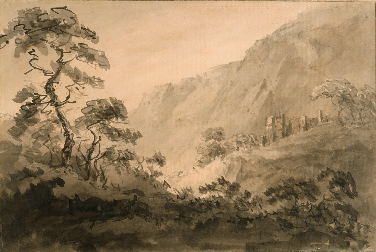Fjelllandskap med ruin (penn, blekk og blekk vask over blyant på off-white lagt papir forberedt med sepia vask) av Rev. William Gilpin