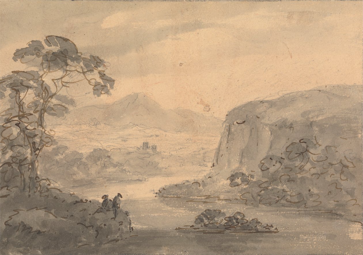 Fjelllandskap med to figurer med utsikt over en innsjø av Rev. William Gilpin