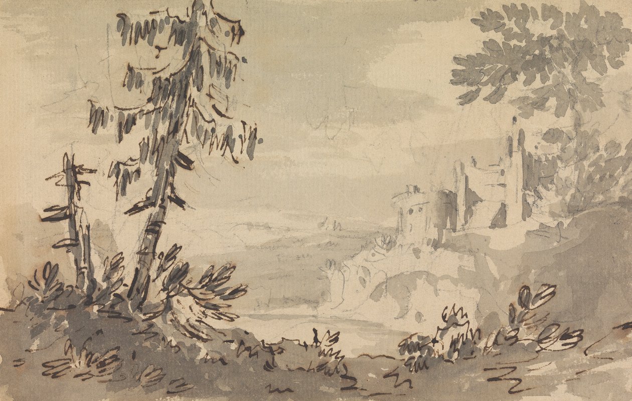 Furutrær og slott i et landskap av Rev. William Gilpin