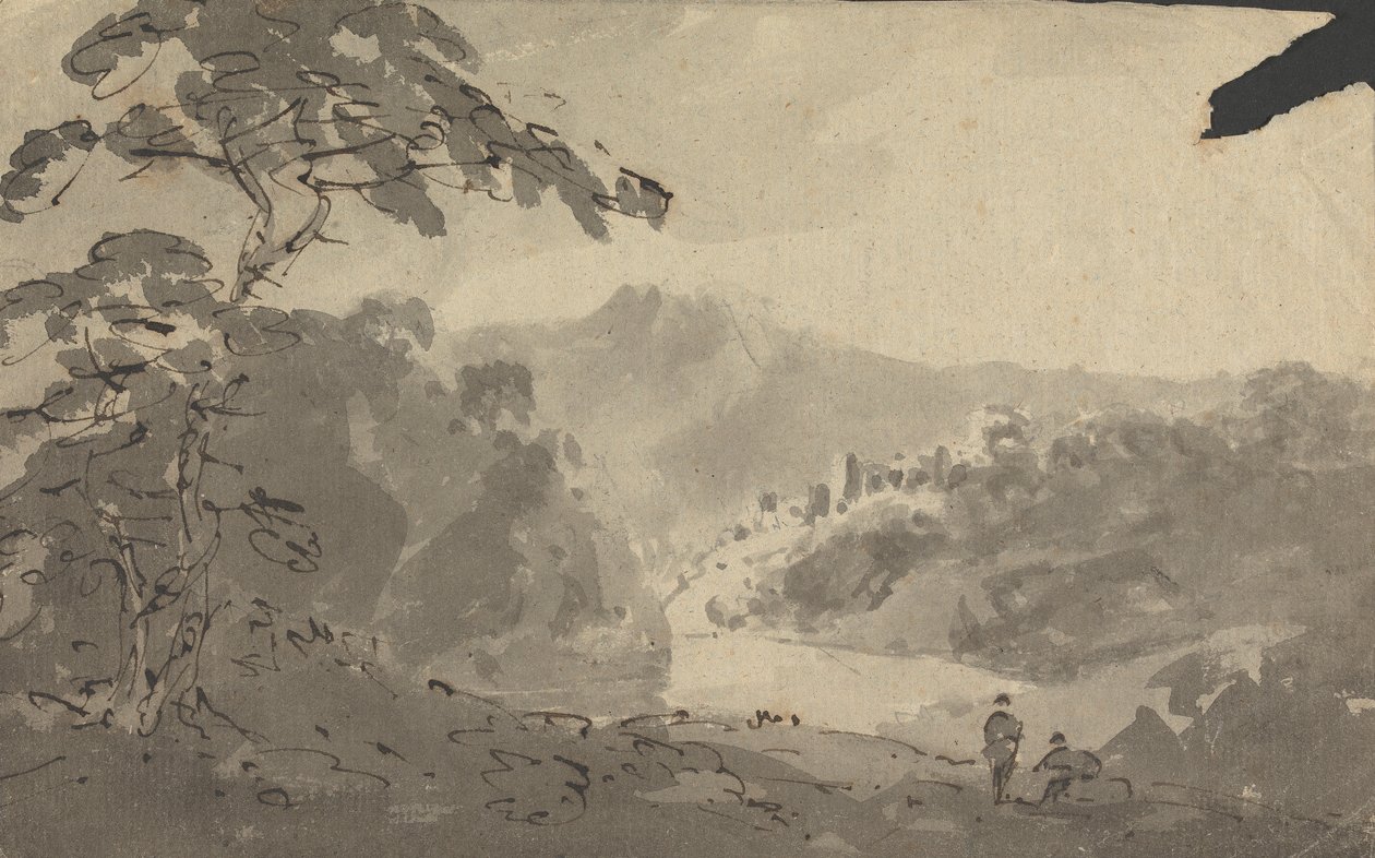 To menn ser inn i landskapet med slott, elv og fjellscene av Rev. William Gilpin