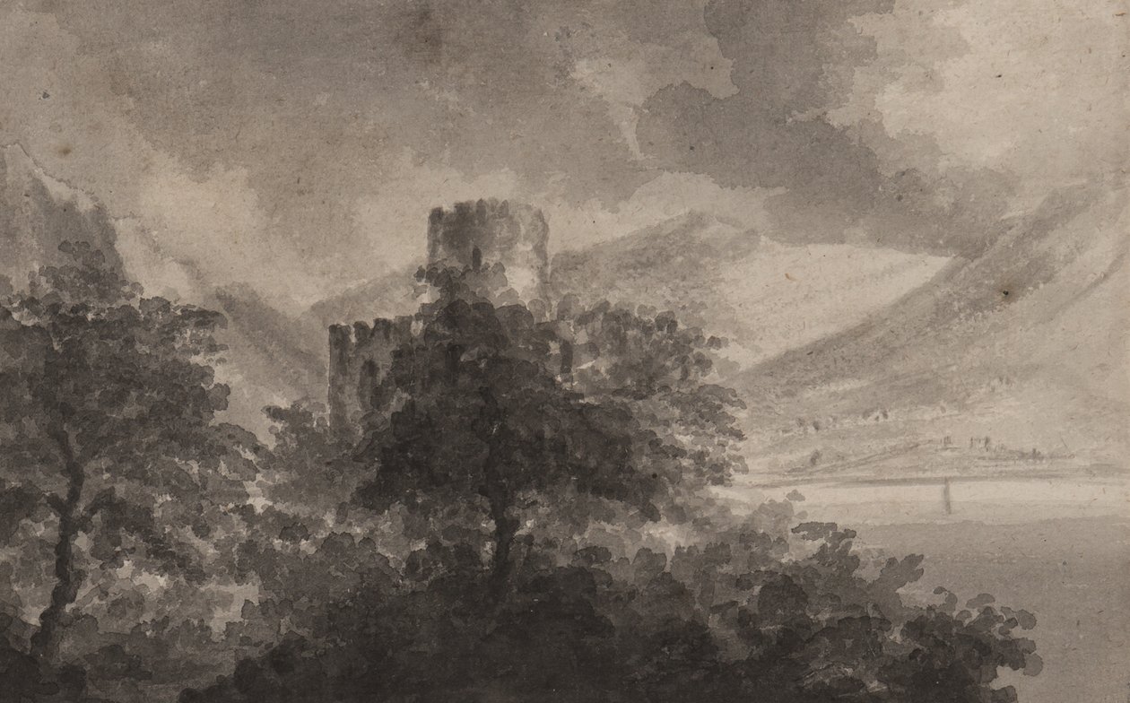 Wooded Lakeland Castle: capriccio, 1804 (børste og monokrome vask på papir) av Rev. William Gilpin