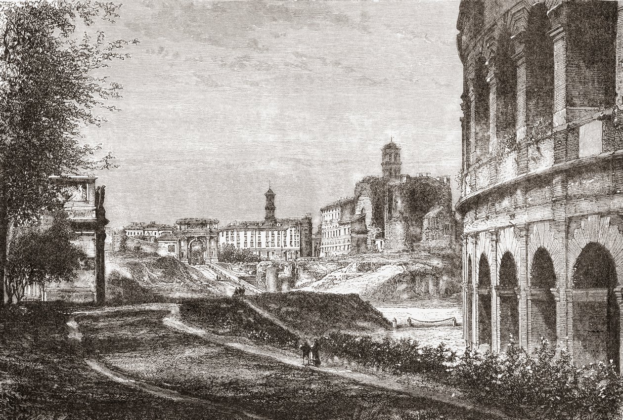 Innkjørsel til Forum Romanum fra Cellianhøyden, Roma, Italia på slutten av 1800-tallet. Fra Italian Pictures av pastor Samuel Manning, utgitt ca. 1890. av Reverend Samuel Manning
