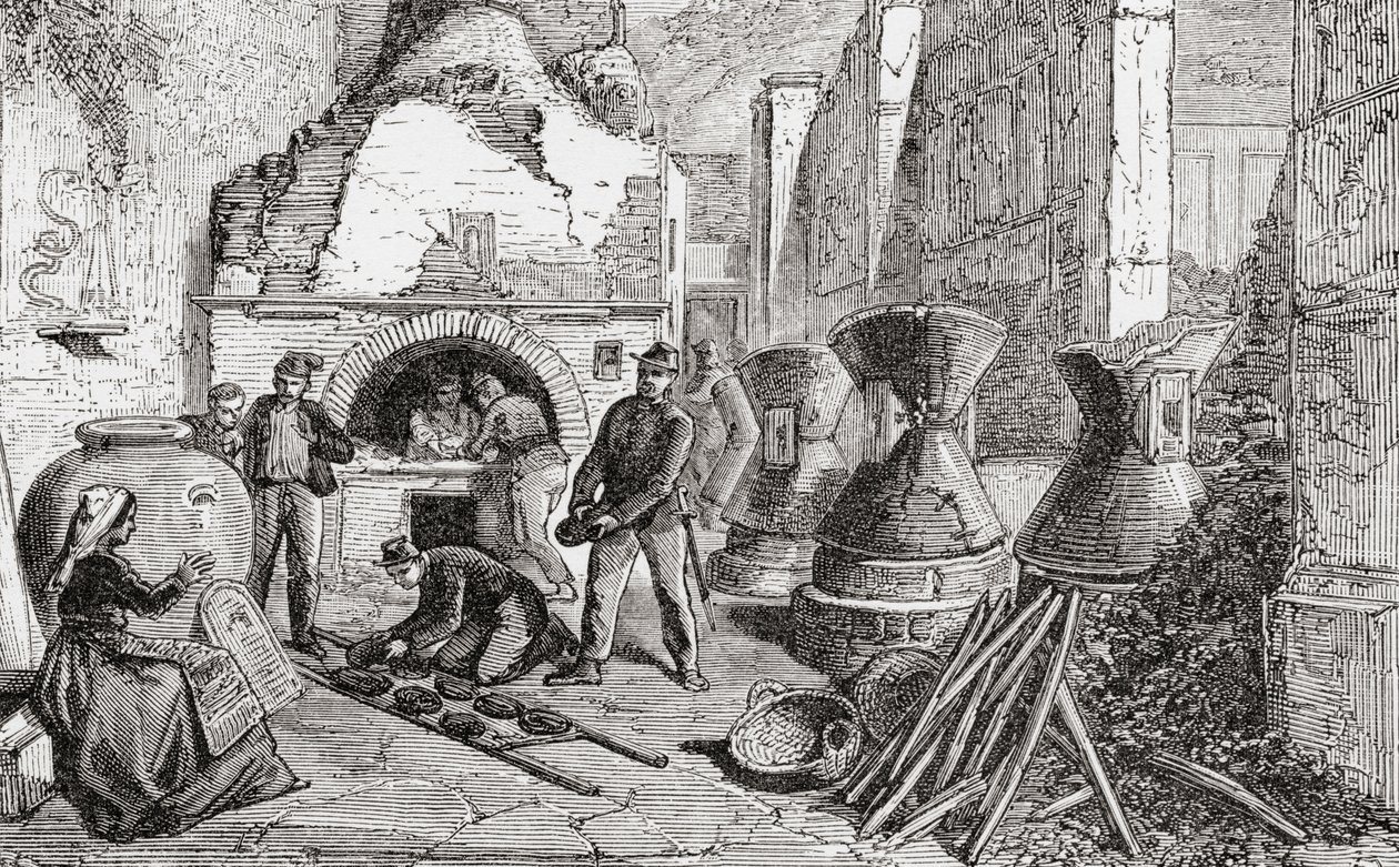 Bakerovn, brød- og melmøller oppdaget i utgravningene i Pompeii, Napoli, Italia på slutten av 1800-tallet. Fra Italian Pictures av pastor Samuel Manning, utgitt ca. 1890. av Reverend Samuel Manning