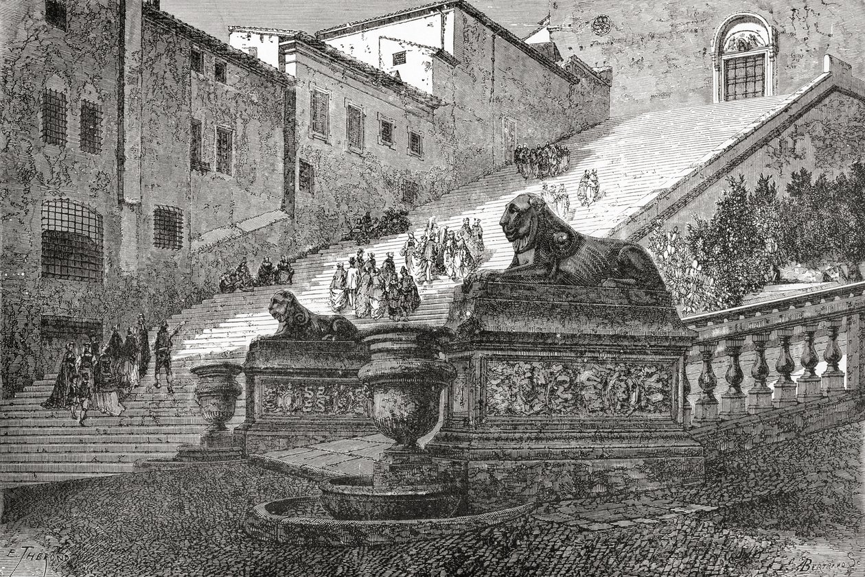 Trapp som fører opp til Basilica di Santa Maria del Fiori di Heaven, Roma, Italia på slutten av 1800-tallet. Fra Italian Pictures av pastor Samuel Manning, utgitt ca. 1890. av Reverend Samuel Manning