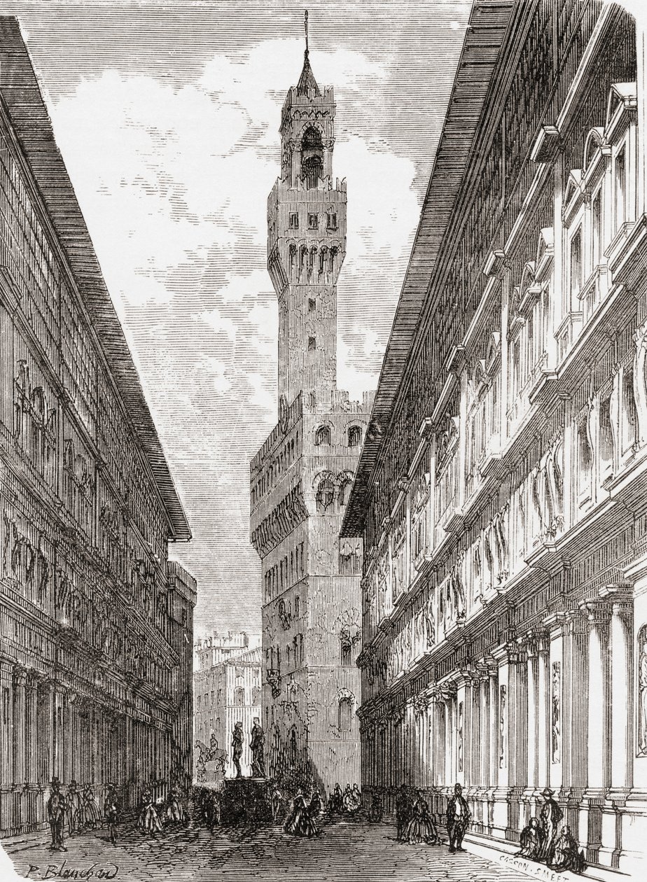 Uffizi-kirken, Palazzo Vecchio og statuer på Piazza della Signoria i Firenze, Italia, sent på 1800-tallet. Fra Italian Pictures av pastor Samuel Manning, utgitt ca. 1890. av Reverend Samuel Manning