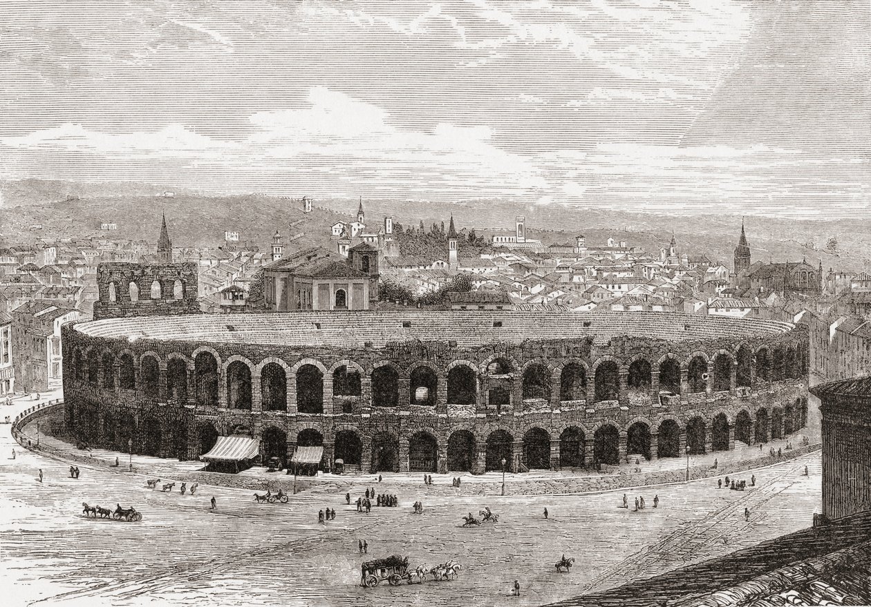 Verona Arena, Piazza Bra, Verona, Italia på slutten av 1800-tallet. Fra italienske bilder av pastor Samuel Manning, utgitt ca. 1890. av Reverend Samuel Manning