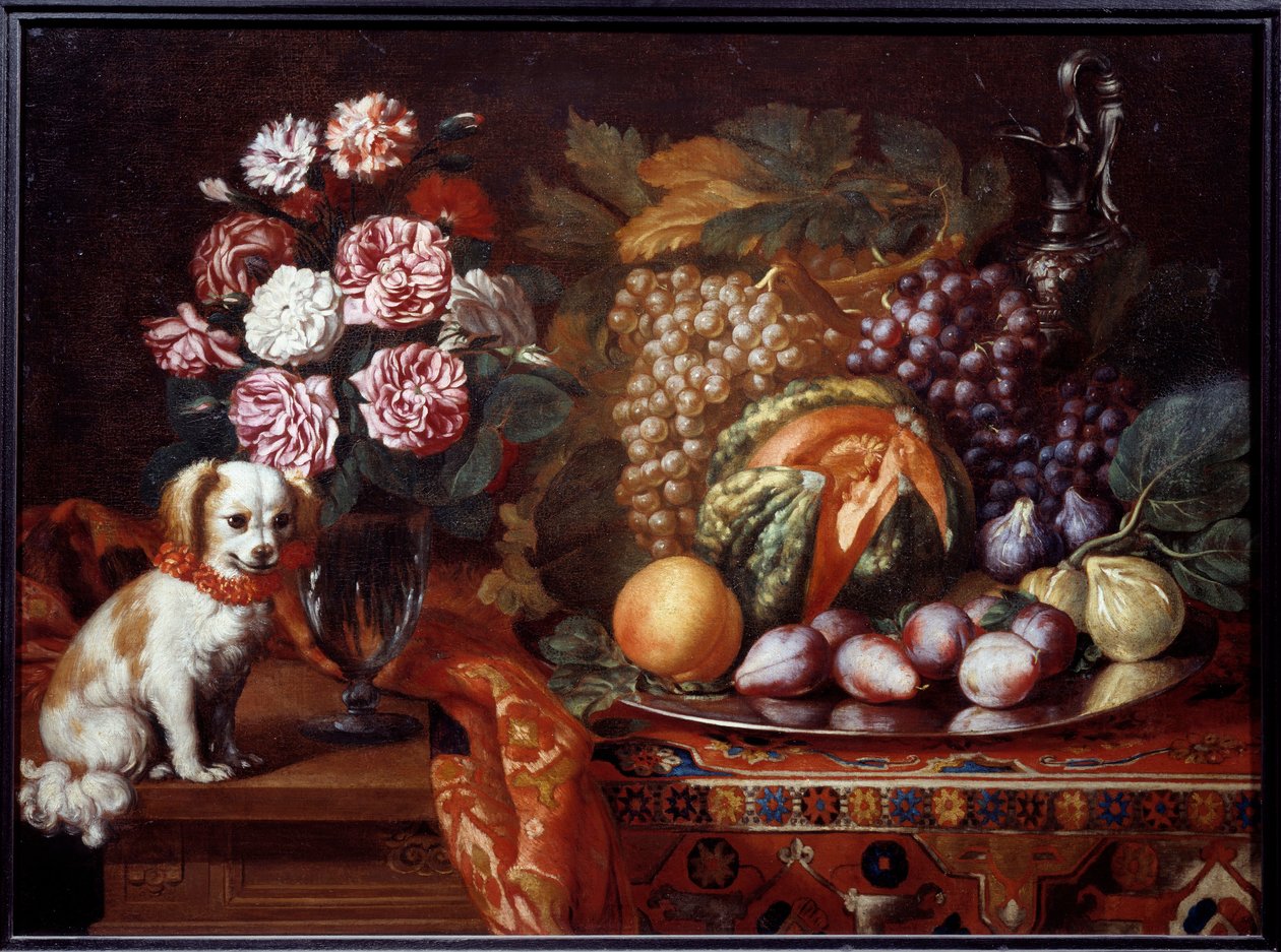 Stilleben med dvergspaniel. Maleri av Renaud Levieux sa Reynaud Le Vieux (ca. 1625-1690) av Reynaud Levieux