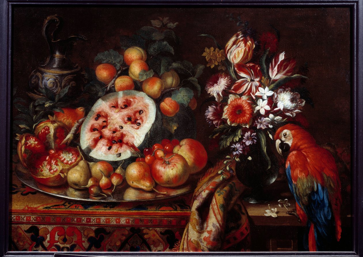 Stilleben med rød papegøye og frukt Pasjonsfrukt, pære, fersken og aprikoser. Maleri av Reynaud Levieux Reynaud (ca. 1625-1690) Marseille fra 1600-tallet, Musee des Beaux Arts av Reynaud Levieux