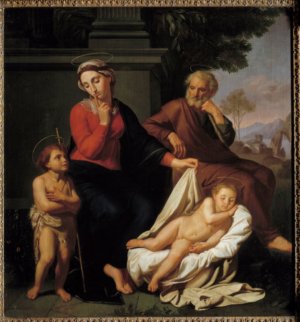 Den hellige familie. Jomfru Maria legger en finger foran munnen for å be døperen Johannes om ikke å vekke Jesus sovende. Saint Joseph ser på scenen. Maleri av Reynaud Levieux (ca. 1625-1690) av Reynaud Levieux