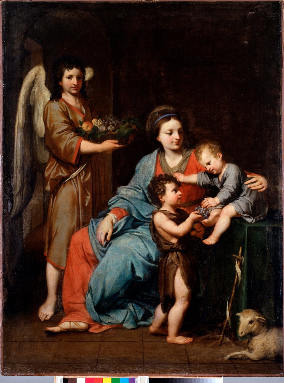 Jomfru med barn med døperen Johannes Maleri av Reynaud Levieux (1613-1699) 1600-tallet Søn 108x76 cm Genes, Musei di Strada Nuova (ex Palazzo Bianco) av Reynaud Levieux