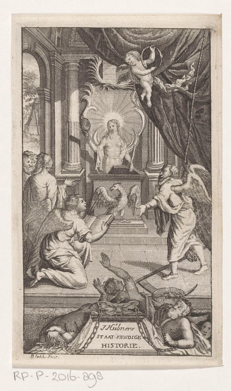 Fader Tid avslører historie J. Huebners politiske historie (tittel på objekt) Tittelside for: Johann Hübner, Kortfattede spørsmål fra politisk historie, 1722 av Reynier Blokhuysen