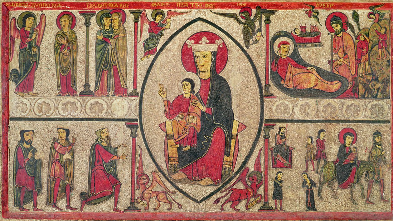 Altar Frontal fra kirken Santa Maria de Cardet, Vall de Boi, Spania, som viser Madonnaen og fire scener fra hennes liv, 1150-1200 (tempera på panel) (se også 498165) av Ribagorça Workshop Johannes Pintor