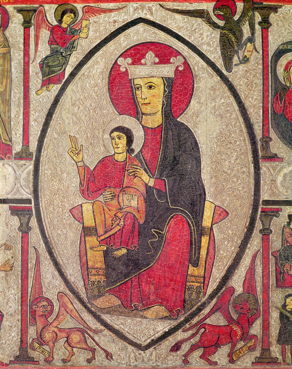 Madonna and Child, sentralpanel av alterfronten fra kirken Santa Maria de Cardet, Vall de Boi, Spania, 1150-1200 (tempera på panel) (detalj av 498164) av Ribagorça Workshop Johannes Pintor