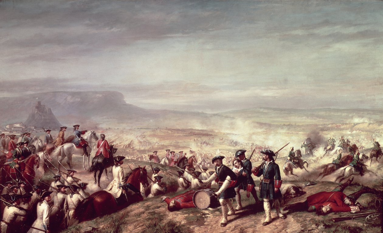 Slaget ved Almansa mellom troppene til Philip V (1683-1746) og troppene til erkehertug Karl av Østerrike i 1707 (olje på lerret) av Ricardo Balaca y Canseco