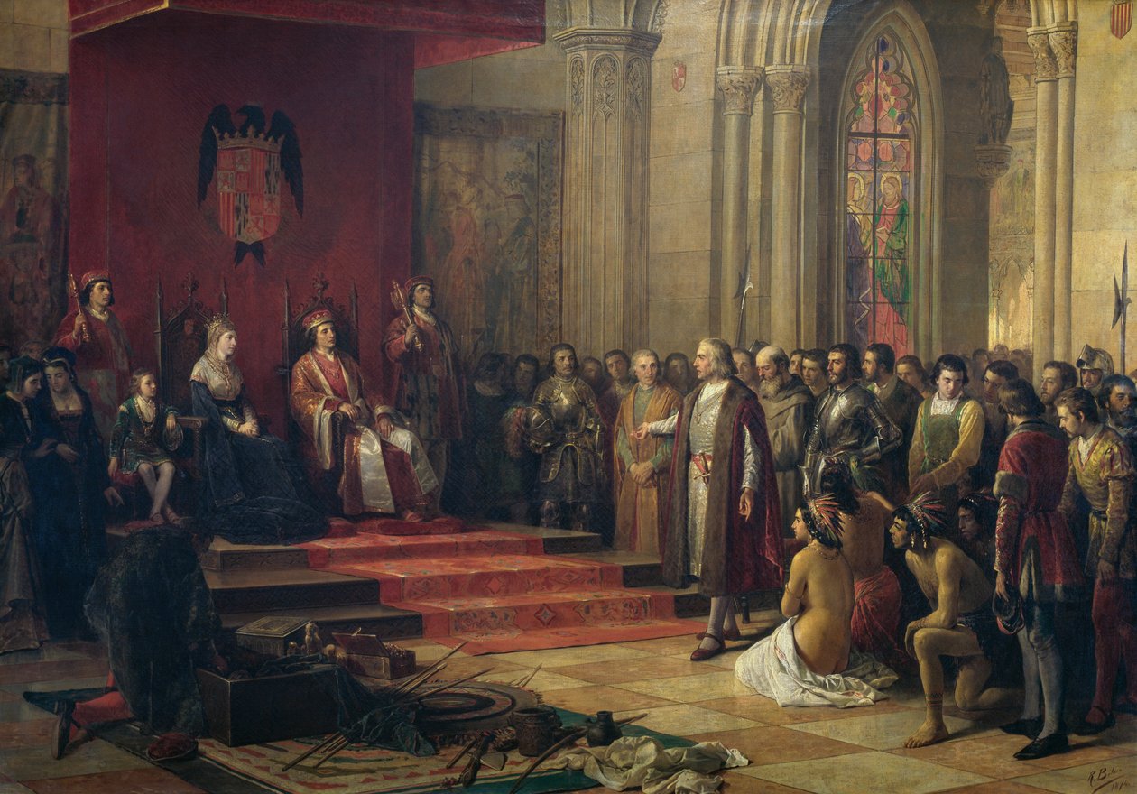 Christopher Columbus mottatt av de katolske kongene i Barcelona da han kom tilbake fra sin første tur til Amerika, maleri fra 1874 av Ricardo Balaca (1844-1880), olje på lerret av Ricardo Balaca y Canseco