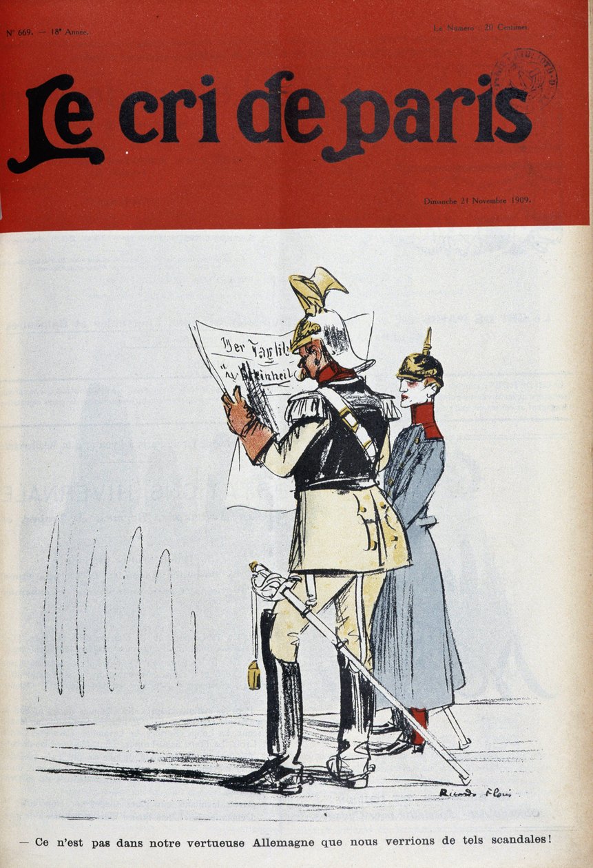 Keiser av Tyskland (?) leser en avis som fordømmer skandaler (men hvilke?), av Florès-couv. "Le Cree de Paris"" av 21.11.1909. av Ricardo Flores