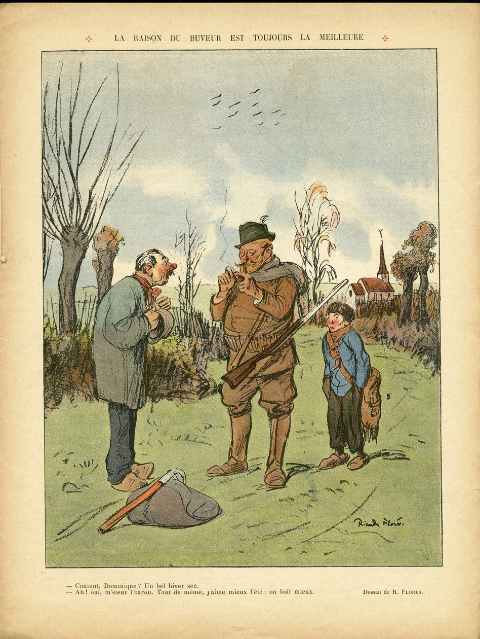 Illustrasjon av Ricardo Flores (1878-1918) i Le Lire, 04/01/13 - Årsaken til drikkeren er alltid den beste - Kampanje, barndom, jaktjeger, katedraler kirker, alkoholalkoholisme av Ricardo Flores