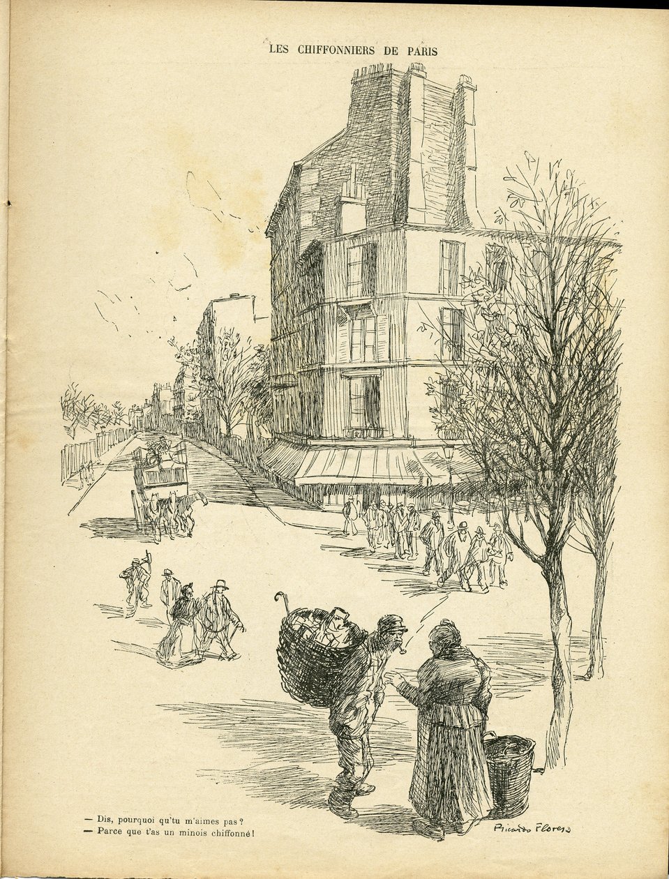 Illustrasjon av Ricardo Flores (1878-1918) i Le Rire, 05/12/08 - The ragpickers of Paris - Professions, Architecture Urbanism, Tree - Chiffonniers av Ricardo Flores