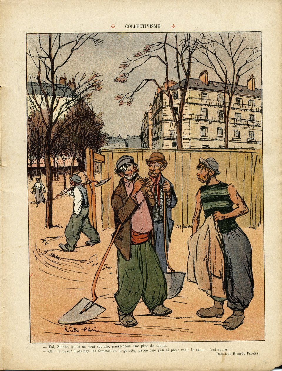 Illustrasjon av Ricardo Flores (1878-1918) i Le Rire, 06/02/09 - Kollektivisme - Sosial, Urban arkitektur, Tre, Bygning, Kollektivisme - Arbeiderarbeider, Terrassiers av Ricardo Flores