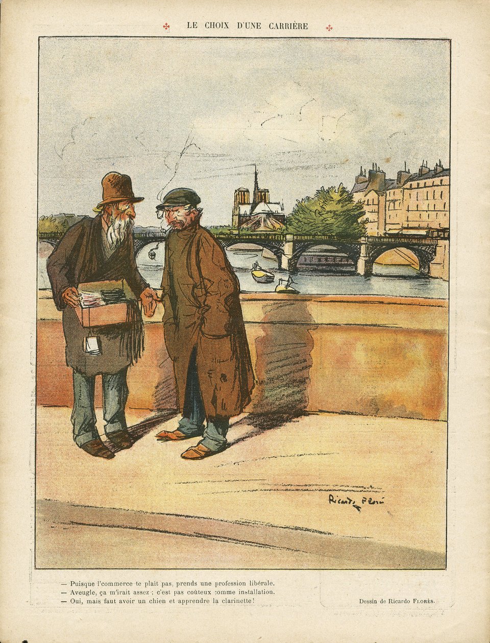 Illustrasjon av Ricardo Flores (1878-1918) i Le Rire, 06/03/09 - Velge en karriere - Paris, Arkitektur Byplanlegging, Misere, Bro, River River, Churches Cathedrals, Seine (elv) av Ricardo Flores