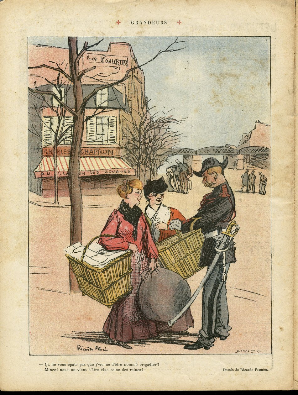 Illustrasjon av Ricardo Flores (1878-1918) i Le Rire, 29.02.08 - Grandeur - Paris, Yrker, Arkitektur Urbanisme, Kjærlighet, Butikker, Metro - Vaskekvinnevaskere av Ricardo Flores