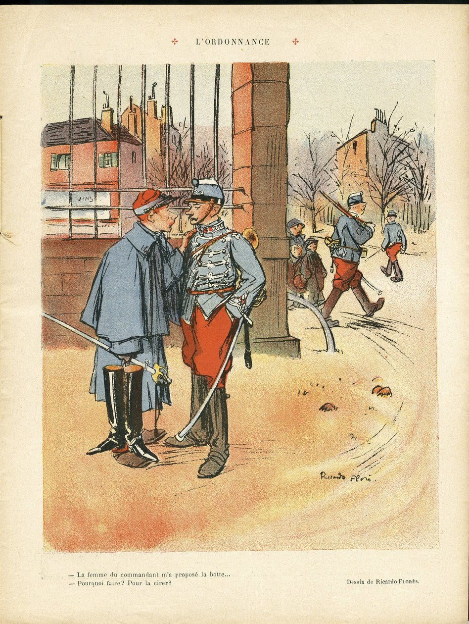 Illustrasjon av Ricardo Flores (1878-1918) i The Rire, 05/06/09 - The Ordinance - Armee, Urban Architecture, Love av Ricardo Flores