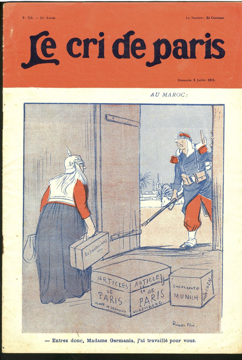 Illustrasjon av Ricardo Flores (1878-1918) for omslaget til Le Cri de Paris, 09/07/11 - "" Gå inn så kjære frue, jeg har jobbet for deg." - Tyskland Preussen, Marokko, Maghreb - Germania av Ricardo Flores