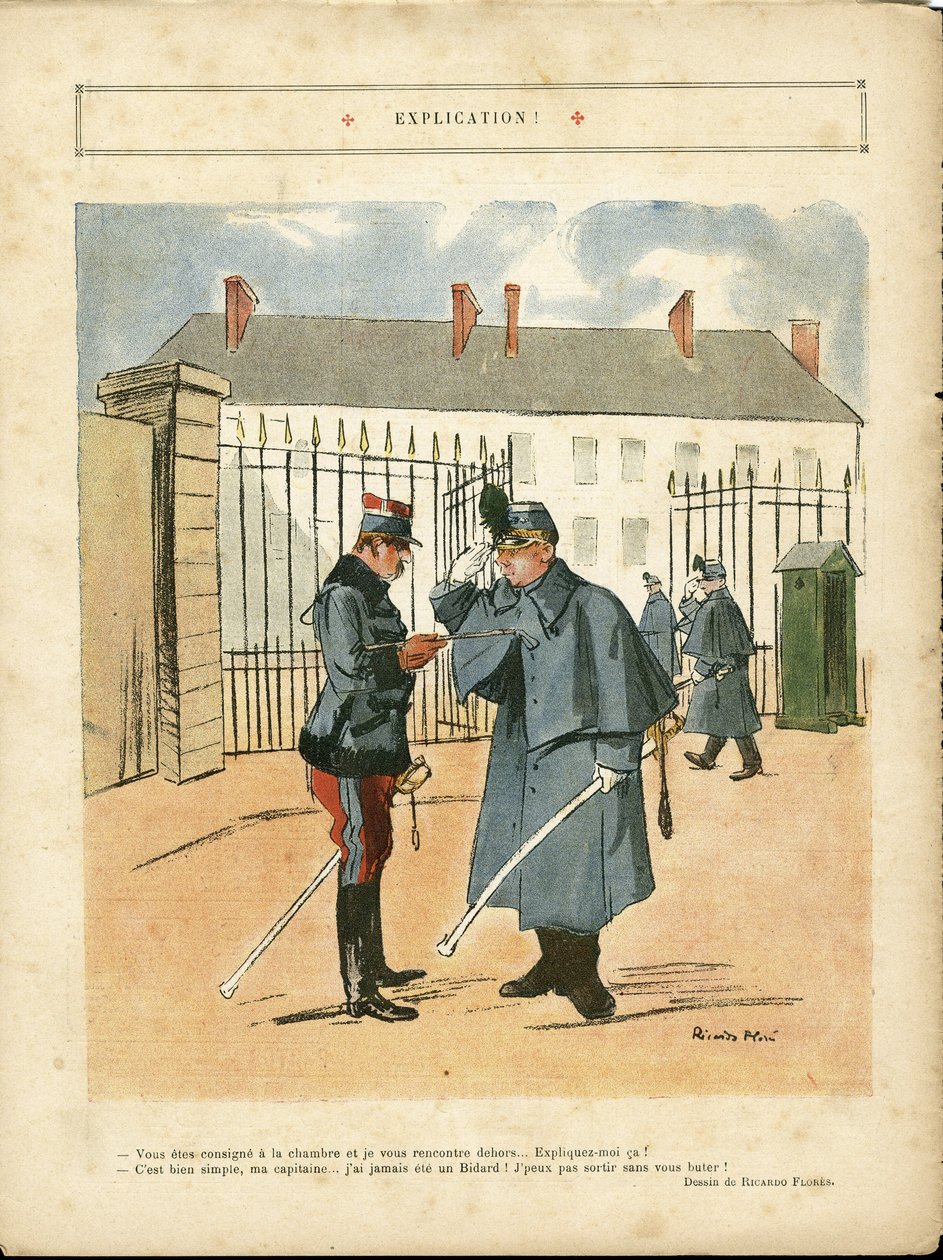 Illustrasjon av Ricardo Flores (1878-1918) i Le Lire, 23/04/10 - Forklaring - Armee, brakker av Ricardo Flores
