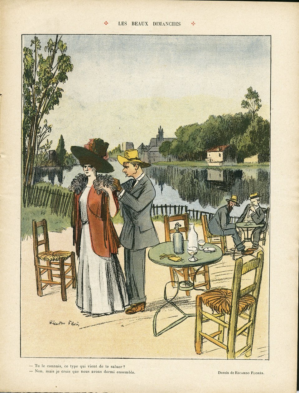 Illustrasjon av Ricardo Flores (1878-1918) i Le Rire, 04/07/08 - Vakre søndager - Fritid, Naturvegetasjon, Arkitektur Urbanisme, Restaurantkaféer, Maritim Marine Seaside av Ricardo Flores