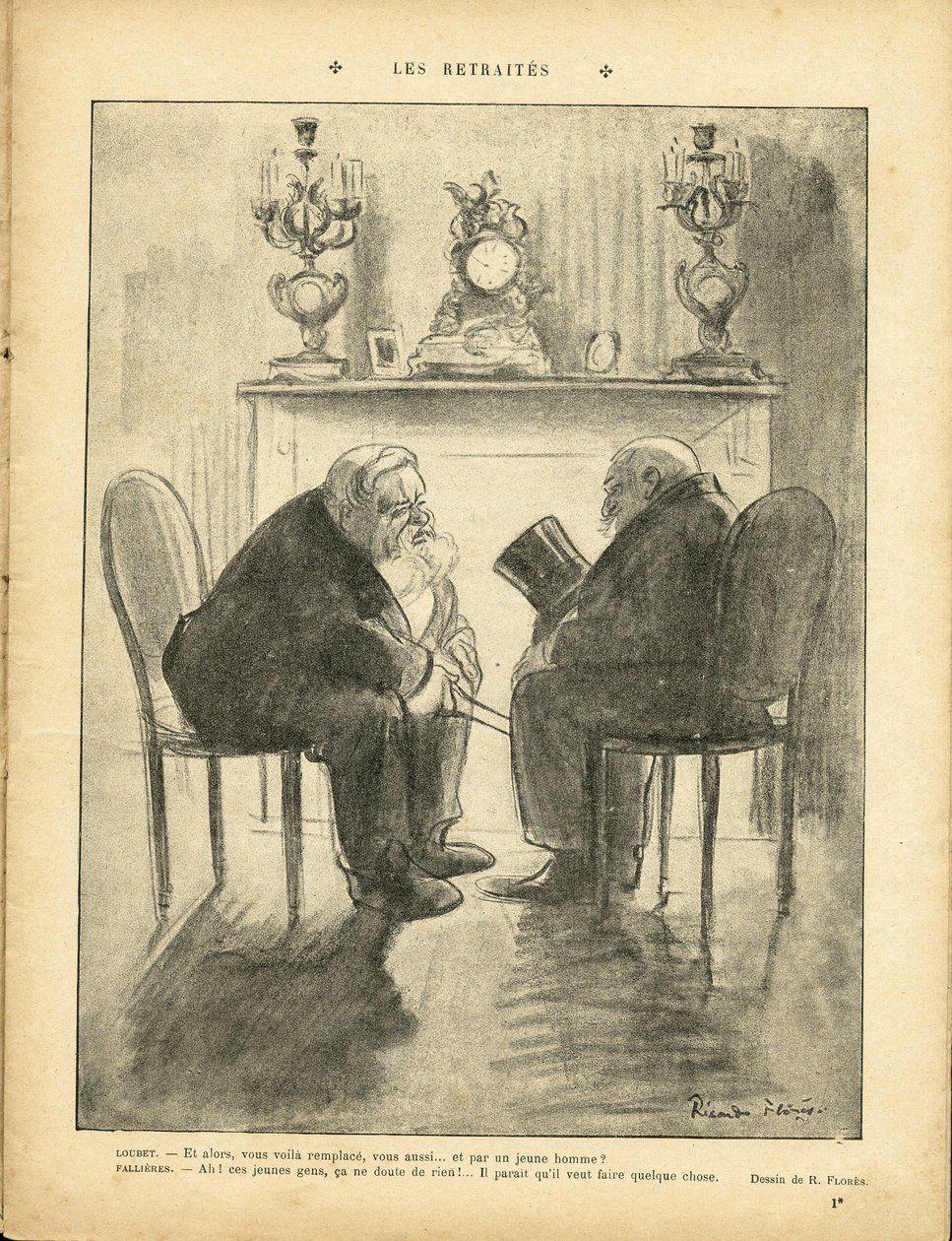 Illustrasjon av Ricardo Flores (1878-1918) i Le Rire, 22.02.13 - Pensjoner - Republikkens president - Fallieres Armand (1841-1931), Loubet Emile av Ricardo Flores