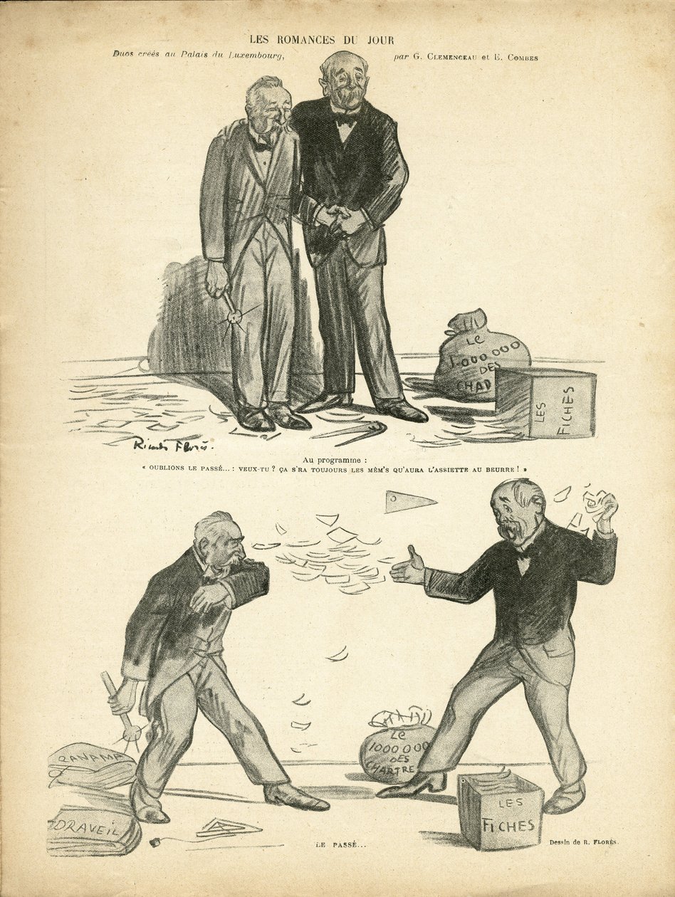 Illustrasjon av Ricardo Flores (1878-1918) i Le Rire, 28/12/12 - Dagens romantikk - Case of Panama, Case of Records, undertrykkelse - Million of the Chartreux - Combes Emile (1835-1921), Clemenceau George av Ricardo Flores