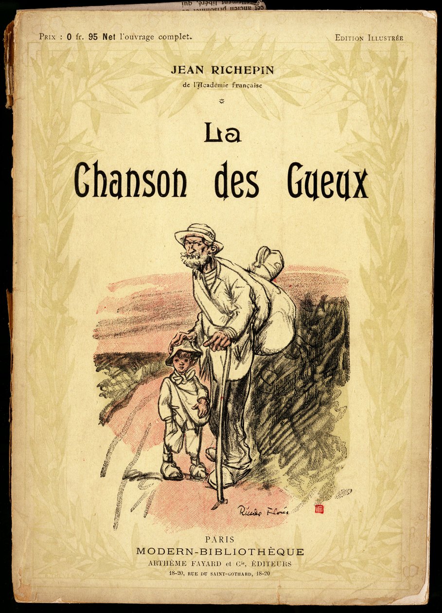 Gammel mann og liten gutt, iført reiseknuter og sko svøpt i filler, på en vei, illustrasjon av Ricardo Flores (død 1918), for omslaget til samlingen av tekster og poesier med tittelen "La chanson des gueux"", av Jean Richepin (1849-1926), franskmennene av Ricardo Flores