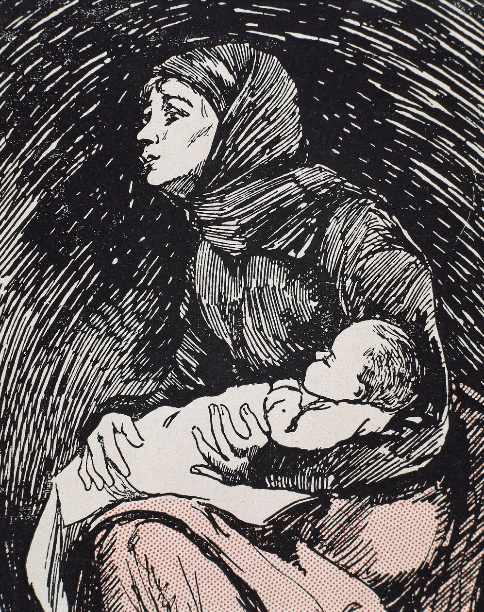 Julaften. 1900. En mager kvinne med barnet i armene (gravering) av Ricardo Maria Navarrete