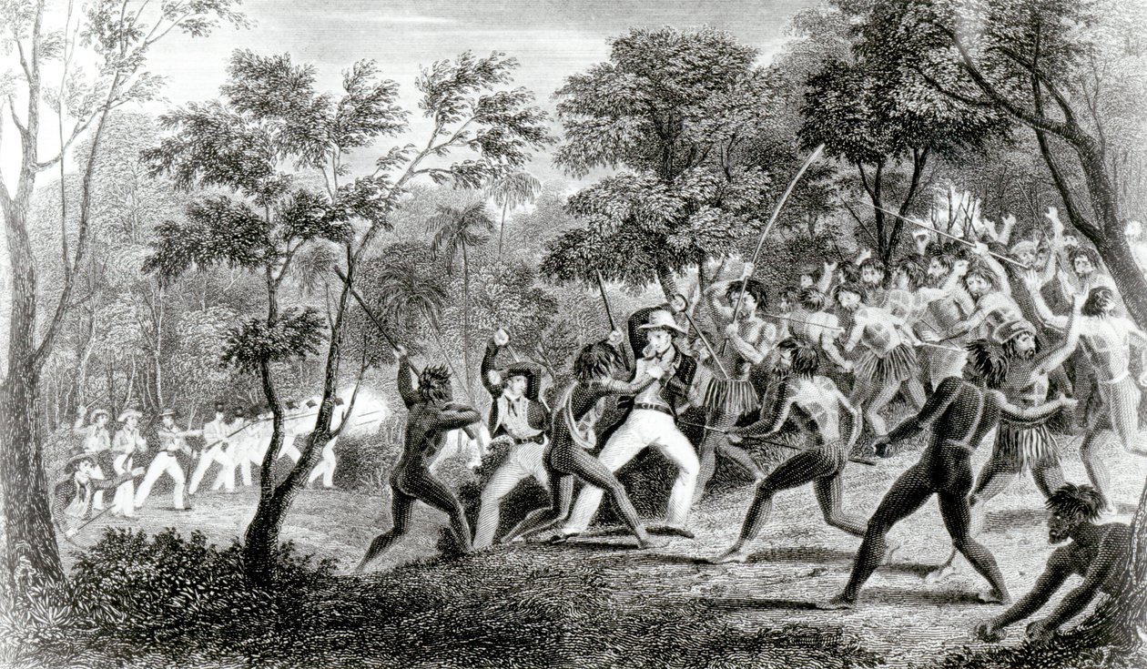 Angrep av de innfødte på Gambierøyene, gravert av Edward Finden, 1831 av Richard B. Beechey