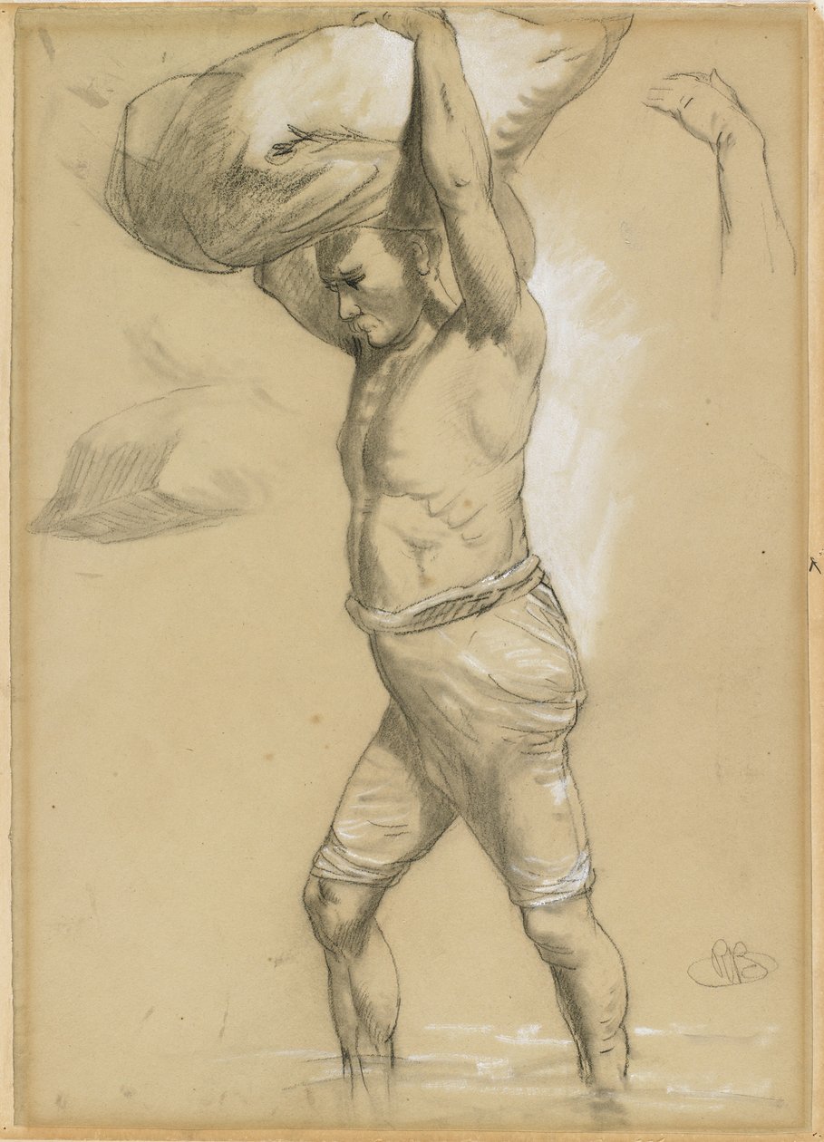 Mann som bærer en bunt, 1870-80-tallet (svart kritt eller kull forsterket med hvitt) av Richard Beavis