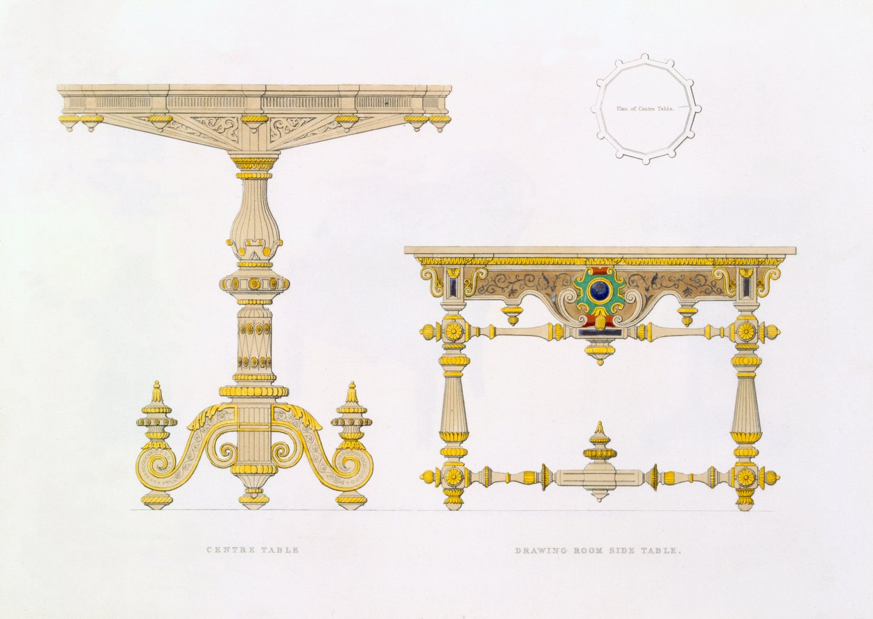 Senterbord og sidebord i salong, 1833 av Richard Bridgens