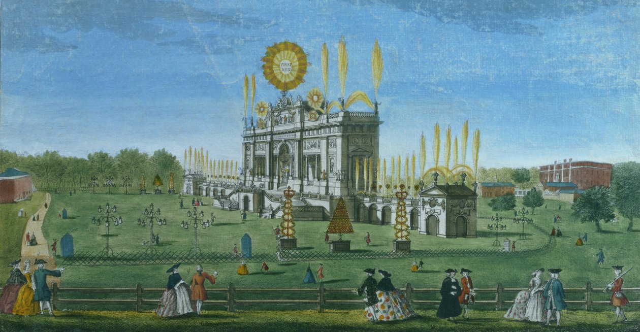 Et perspektivbilde av bygningen for fyrverkeriet i den grønne parken, tatt fra reservoaret, gravert av Paul Angier, 1749 av Richard Brookes